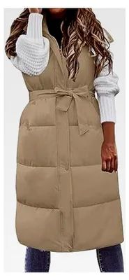 Produktbild von Damen Daunenweste Langer Wintermantel Ärmellos Warmer Daunenmantel mit Taschen Steppweste mit Gürtel Outdoorjacke