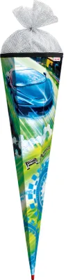 Produktbild von ROTH Schultüte Racing 85 cm groß Silbertüll eckig Rot(h)-Spitze Zuckertüte Rennauto Schulanfang