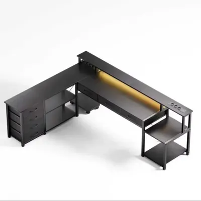 Immagine prodotto di Scrivania - Scrivania per computer - A forma di L - 7 cassetti - Legno - Struttura in metallo - Colore nero