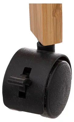 Close-up of a black caster wheel attached to a wooden leg.