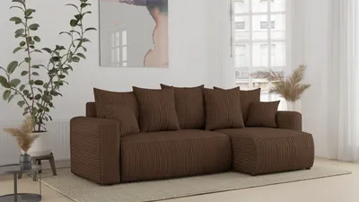 Zdjęcie produktu dla Narożnik z funkcją spania i podstawą łóżka DENVER - w kształcie litery L w stylowym brązowym kolorze POSO Otomana po prawej stronie