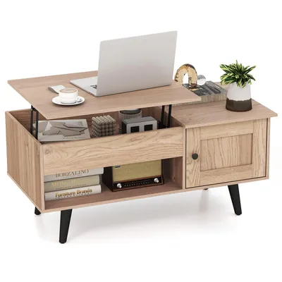 Produktbild von COSTWAY Couchtisch mit anhebbarer Platte und Stauraum, Wohnzimmertisch mit verstecktem Fach, Schrank und offenem Regal Natur