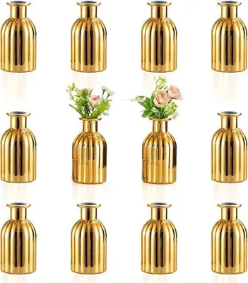 Produktbild von Famanu Kleine Glasvasen für Blumen - Set von 12 Vintage Blumengläsern in Gold