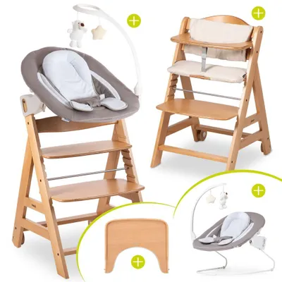 A collage of a wooden high chair with different attachments and configurations, including a newborn set and a tray.