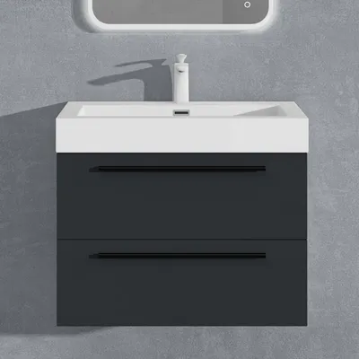 Image de doporro Meuble de Salle de Bains Gris Noir Mat Ensemble de 2 Pièces Meuble Suspendu avec Lavabo 73 cm Design Quadratto