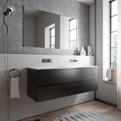 Produktbild von Unterschrank AVA 140 cm mit Mineralguss Waschbecken BRUXELLES - Farbe wählbar, Auswahl Waschbecken:Weiß matt ohne Hahnloch, Farbe Badmöbel:Schwarz matt