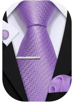Image de Ensemble de cravates pour hommes, en soie, motifs Paisley et floraux, comprenant une cravate, une pochette de costume, des boutons de manchette et une pince à cravate, dans des tons violet/lavande