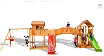 Produktbild von Fungoo Spielturm "Maxi Set Smile Farm My Space XL Fortress Toybox Rainbow Move+" teak mit 2x Rutschen, 2x Spieltürmen, Verbindungsbrücke, Leiter, Schaukel, Trapez, Kletterseil und Kletterwand