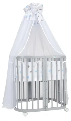 Produktbild von Waldin Babybett Kinderbett 7in1 mit Matratze, mitwachsendes Kinder-Bett,Stoffe Sterne blau,Holz grau