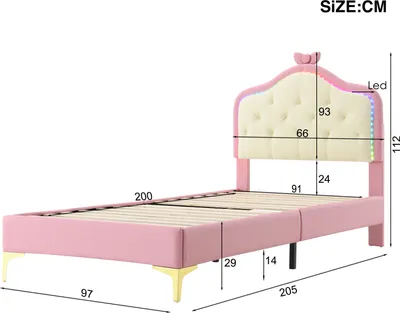 Zdjęcie produktu dla Łóżko tapicerowane Fortuna Lai 90x200cm z zagłówkiem w kształcie fali i LED, różowa kokarda, łóżko młodzieżowe, łóżko dziecięce ze stelażem listwowym, łóżko pojedyncze drewniane, PU, różowe