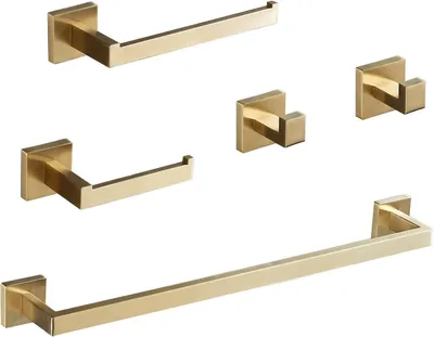 Produktbild von Badezimmer-Accessoire-Set, 60 cm, Handtuchhalter, 2 Handtuchhaken, Toilettenpapierhalter, Handtuchstange, Edelstahl, gebürstetes Gold, Badezimmeraccessoires GTS3190BG.