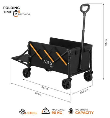 Zdjęcie produktu dla Składany wózek kempingowy, 100 l, ładowność 90 kg, czarno-pomarańczowy