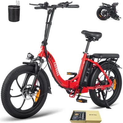 A red electric bicycle is displayed against a white background, with accessories shown separately.
