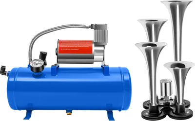 Produktbild von Auto Reifenkompressor - Luftkompressor Mit Zughupe - 12V DC - 6 L Tank - 4-Fanfarenhorn - 150 PSI - Druckschalter 90/120 PSI - Blau
