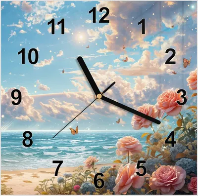 Produktbild von Wanduhr aus Glas mit Motiv Strandzeit mit Rosen- 30 x 30 cm - inkl. Aufhängesystem