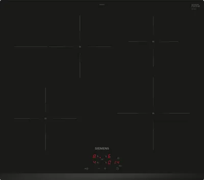 A top-down view of a black induction hob with four cooking zones marked by white lines. The Siemens logo and digital controls are visible at the bottom.