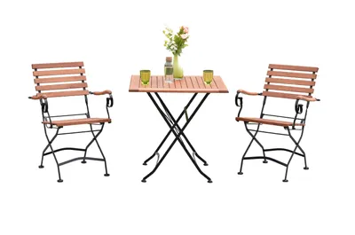 A set of outdoor furniture, including two chairs and a table, arranged on a white background.