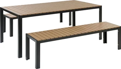 Produktbild von BELIANI Gartenmöbel Set Hellbraun Kunstholz und Aluminium 8-Sitzer Rechteckig Holzoptik Outdoor Modern Terrasse Möbel Ausstattung