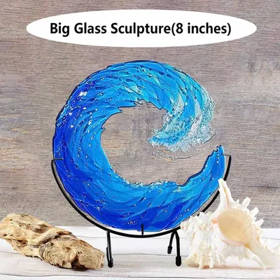 Imagen del producto de Escultura de ola marina, decoración para escritorio, adornos de olas azules, arte marino, esculturas de vidrio con motivos marinos