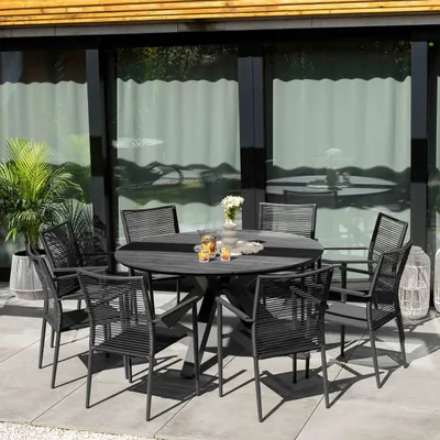 Produktbild von di volio Gartenmöbel OTTANA, runder Gartentisch mit 8 stapelbaren Stühlen mit Armlehnen - Set, Essgruppe für 8 Personen, robust & wetterfest