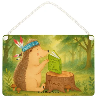 Produktbild von Mr. & Mrs. Panda Schild Igel Federschmuck Design DIN A5 - Weiß - Geschenk, Türschild, Camping, Lagerfeuer, holzbild, Holzschild, Tiere, Indianer, Dekoschild, Abenteuer