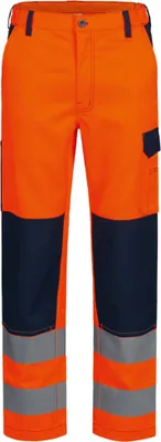 A pair of orange work pants with navy blue accents and reflective stripes.