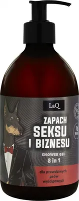 A bottle of shower gel with a Doberman wearing a suit on the label.