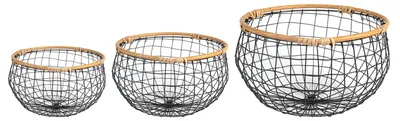 Zdjęcie produktu dla Zestaw 3 metalowych koszyków LOU, okrągłe - czarne/naturalne. Koszyki z drutu z drewnianą ramą, organizer, kosz do przechowywania, idealne do spiżarni, łazienki i kuchni