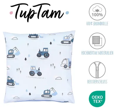 Produktbild von TupTam Kinder Kissenbezug Kissenhülle Dekorativ Gemustert, Farbe: Baufahrzeuge / Bagger / Blau / Grau, Größe: 40 x 80 cm