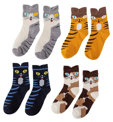Produktbild von 4 Paar bunte, niedliche Damen-Socken aus Baumwolle mit Tiermotiven, Katzenmuster