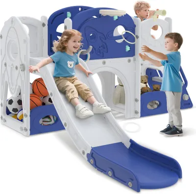 Produktbild von JOIEYOU Freistehende Rutschen 8-in-1 Kinder Gartenrutsche mit Kletterwände, Spielturm, Sandkasten, Fernrohr, Tunnel, Ringwurfspiel, Rollenspielzeug & Basketballkorb für Innen & Außen