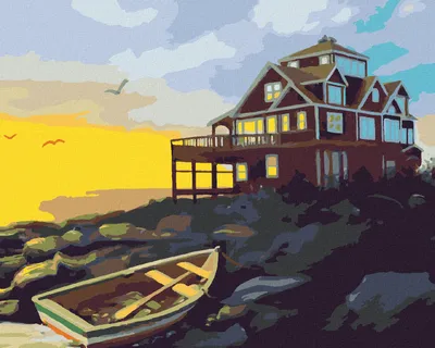 Produktbild von Zuty - Malen nach Zahlen - BOOT, HAUS AN DER KÜSTE UND SONNENUNTERGANG (D. RUSTY RUST), 40x50 cm, ohne Keilrahmen