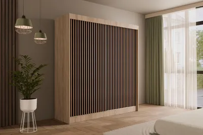 Produktbild von ALTDECOR Kleiderschrank mit Lamel-Schiebetüren, kugelgelagerte Führungsschienen und Aluminium-Leisten - VILANv2 - 200 cm Sonoma Eiche + Lamelle Eiche Wotan