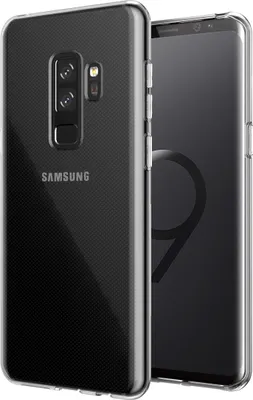 A clear protective case for a Samsung Galaxy S9 Plus phone is shown.