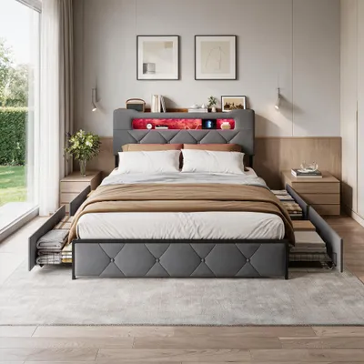 Productafbeelding van INONEFT Gestoffeerd bed 140x200 cm met LED-verlichting en USB-aansluitingen, 4 lades, een-persoonsbed voor jongeren met opbergruimte in het hoofdeinde, fluweelstof, grijs