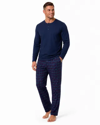 Produktbild von HEYO Herren Schlafanzug aus Baumwolle, zweiteilig, Langarmshirt mit karierter Pyjamahose, Größe XL