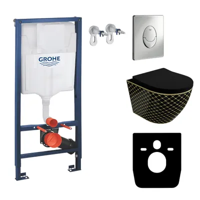 Produktbild von GROHE Vorwandelement Solido Start + Wand Hänge WC Sofi Slim Black Night Spülrandlos + WC-Sitz SoftClose | Verchromter Knopf | Komplettset | Unterputz Spülkasten |  Toilette Komplett Sett
