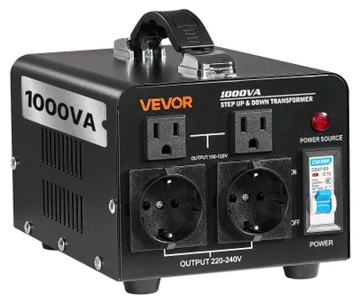 Immagine prodotto di Trasformatore di tensione VEVOR, 1000 VA, trasformatore di potenza step-up/step-down, conversione da 110 V a 220 V e da 220 V a 110 V, con prese USA e UE, cavo di rete, interruttore automatico