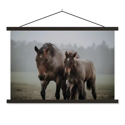 Produktbild von MuchoWow® Textilposter Pferde - Nebel - Gras 60x40 cm mit schwarzem Rahmen - Hölzernes