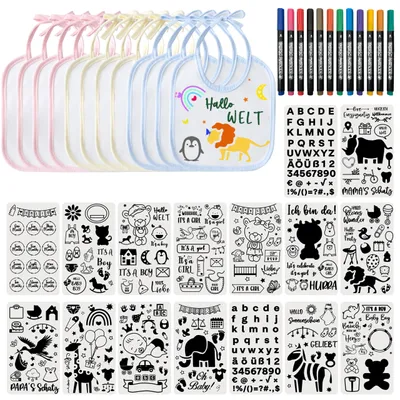 12 Babyslabbetjes zum Bemalen mit Schablonen & Stiften