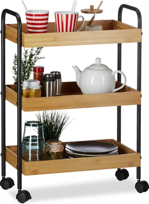 Image de Table de bar de cuisine mobile sur roulettes, étagères profondes, étagère en bambou, noir, Relaxdays