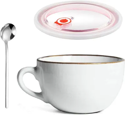Produktbild von Große Tasse Keramik,700ml Müslischalen(Weiss)Kaffeebecher mit Henkel,Salat Schale,Teetasse Mit Deckel und Löffel,Porzellan Tasse für Geschenk
