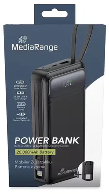 Zdjęcie produktu dla MediaRange MRMA756, 20000 mAh, Litowo-polimerowy (LiPo), Szybkie ładowanie, Power Delivery, 3,7 V, 15 W, Czarny