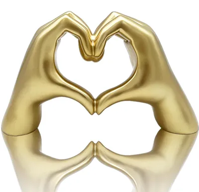 Immagine prodotto di Scultura in oro a forma di mano che simboleggia l'amore, ideale per la decorazione. Dimensioni: 25x8x13,5 cm