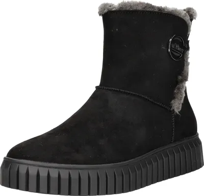 A black boot with grey fur trim and a black platform sole is shown against a white background.