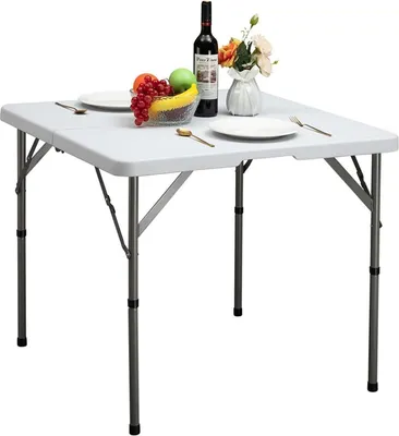 Image de Table de jardin pliante 87 cm, carrée, blanche, poignée de transport