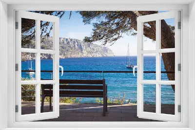 Produktbild von Wallario Poster mit Fenster-Illusion: Einsame Bank am Meer - Spanien im Sommer, Größe: 100 x 150 cm