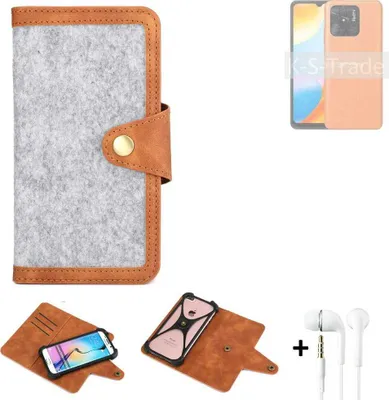 Produktbild von K-S-Trade Handyhülle + Kopfhörer kompatibel mit Xiaomi Redmi 10 Power Schutzhülle Filz Hülle Kunstleder hellgrau braun (1x)