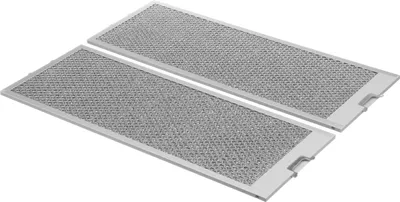 Two silver metal range hood filters are shown from a diagonal angle against a white background.