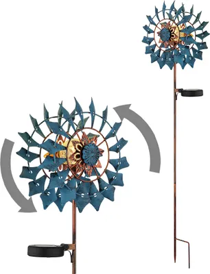 A close-up view of a decorative metal windmill with a solar light, shown from two angles with arrows indicating movement.